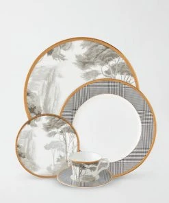 TRISH SCULLY HOME GRISAILLE & GLEN PLAID 5PC. BONE CHINA SET