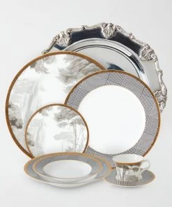TRISH SCULLY HOME GRISAILLE & GLEN PLAID 5PC. BONE CHINA SET