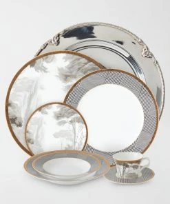 TRISH SCULLY HOME GRISAILLE & GLEN PLAID 5PC. BONE CHINA SET