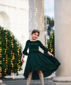 TRISH SCULLY GIRLS LILY DRESS EMERALD VELVET