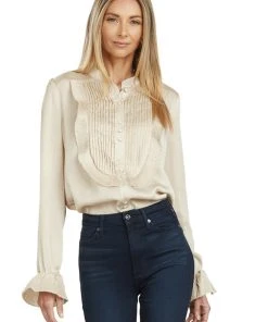 TRISH SCULLY HOME MAYA TUXEDO PLEATED BLOUSE GOLD