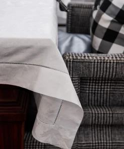 TRISH SCULLY HOME MILANO WHITE JACQUARD TABLECLOTH 128"X56" RECTANGLE